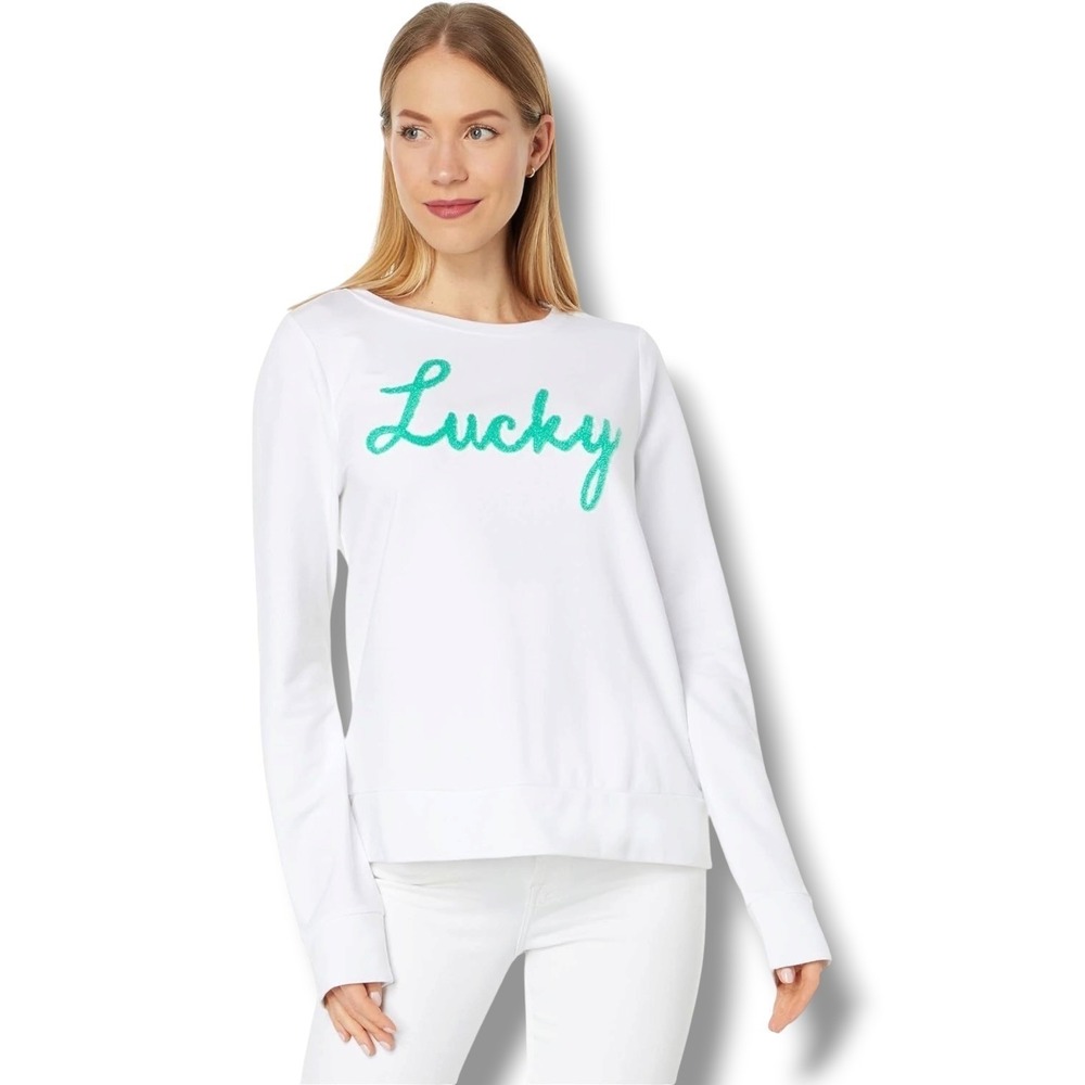 Lilly Pulitzer Rami Sweatshirt Women's‎ Medium M White Lucky Graphic 100% Cotton